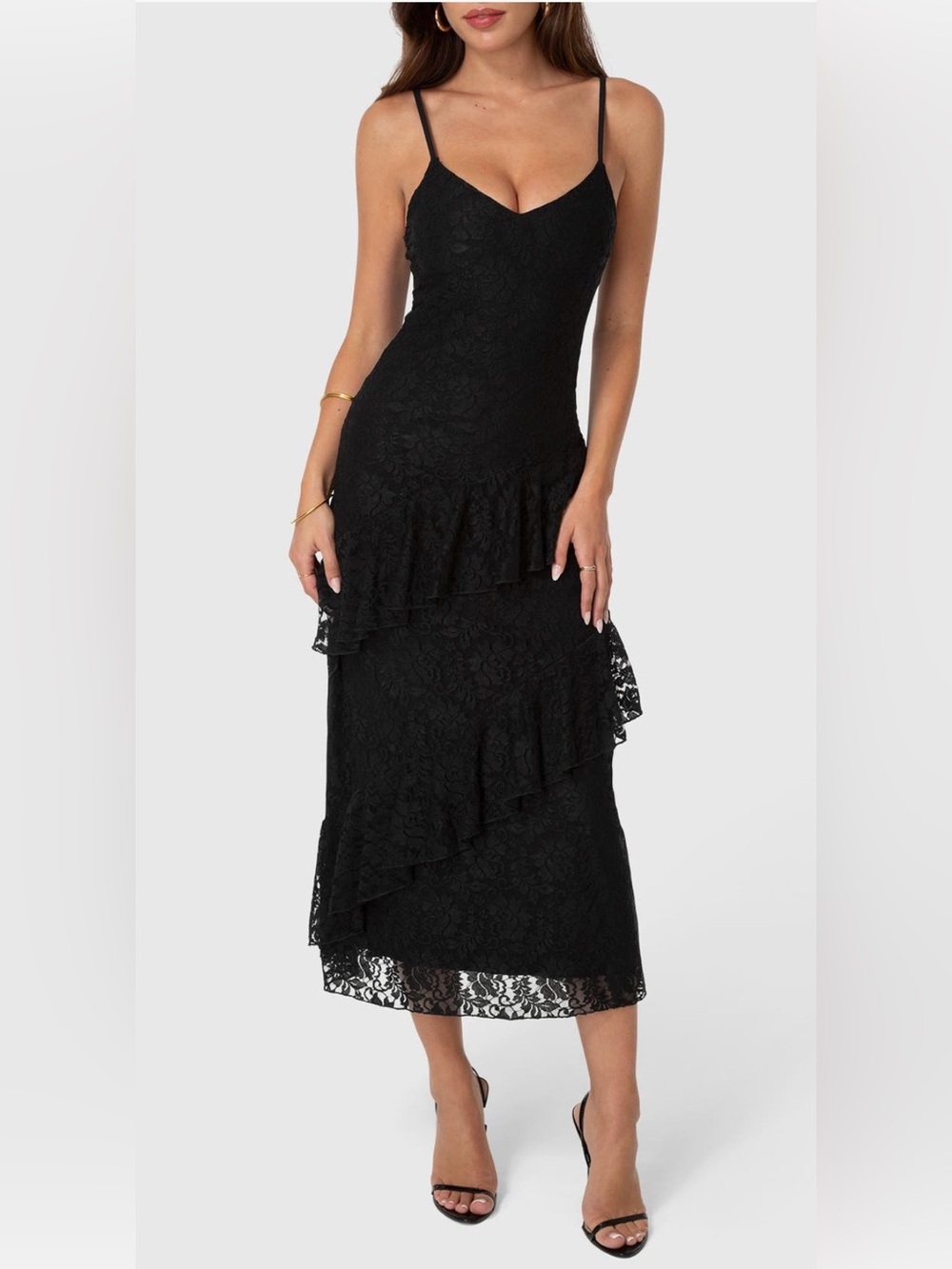 Bebe BlackLace Ruffle Maxi Dress M-NWT $179